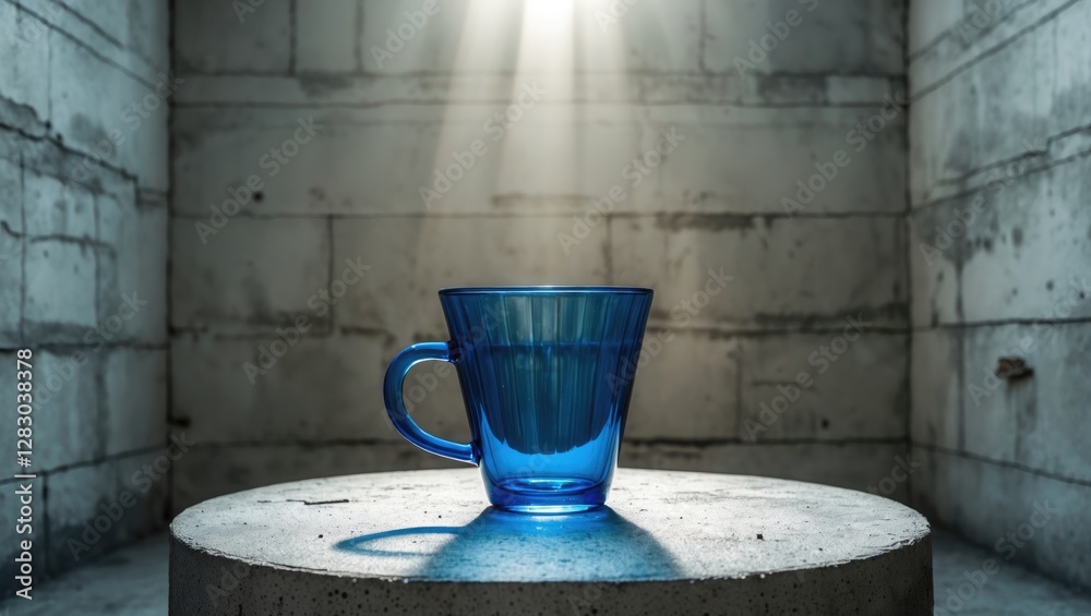 Cement background showcasing a blue glass cup illuminated by overhead light creating a serene and minimalist ambiance. Cement background showcasing a blue glass cup illuminated by overhead light creating a serene and minimalist ambiance.