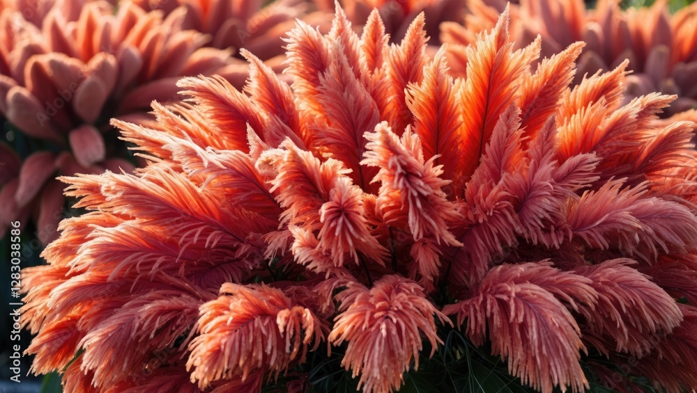 Vibrant orange and red feather-like plant foliage with intricate textures in natural sunlight garden setting Vibrant orange and red feather-like plant foliage with intricate textures in natural sunlight garden setting