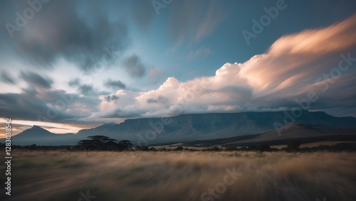 Majestic South African landscape featuring rolling clouds over mountains and open fields during twilight with dramatic natural light effects.