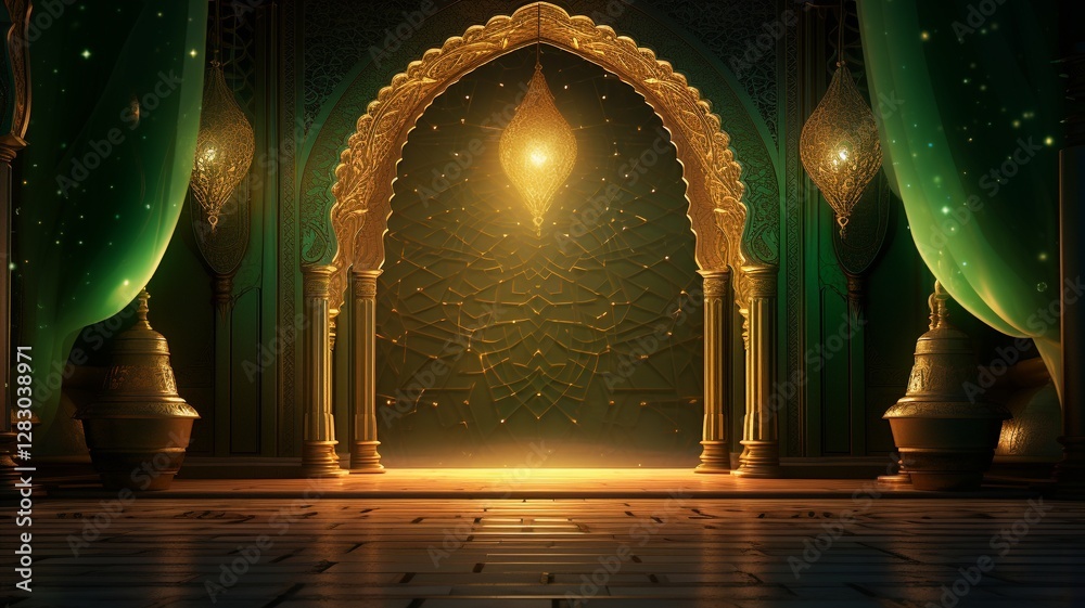 Obraz premium A mystical golden archway beckons, inviting passage into a secret emerald palace bathed in warm, glowing light, promising untold wonders within.
