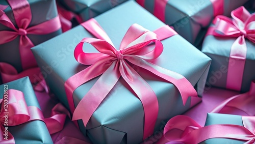 Blue gift boxes with pink ribbons arranged on a soft surface for celebrations and special occasions