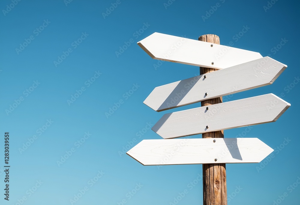 Choose Your Direction: A white wooden signpost stands tall with arrows pointing every which way, set against a clear blue sky, symbolizing opportunities and decision-making.
Choose Your Direction: A white wooden signpost stands tall with arrows pointing every which way, set against a clear blue sky, symbolizing opportunities and decision-making.