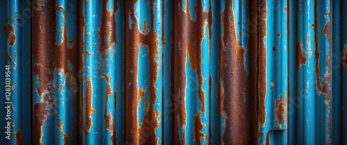 Rusty blue corrugated metal wall with peeling paint and texture details on surface photo