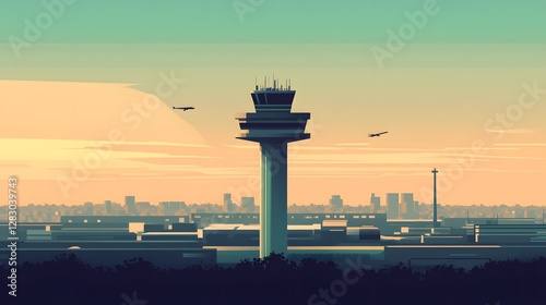 Scenic airport control tower at sunrise, minimalist design with soft colors, capturing the essence of travel and coordination.