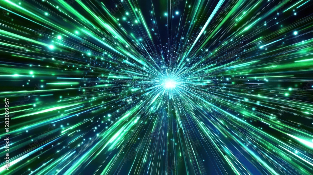 Naklejka premium Abstract green and blue light rays exploding from a central point, creating a dynamic and energetic visual effect.