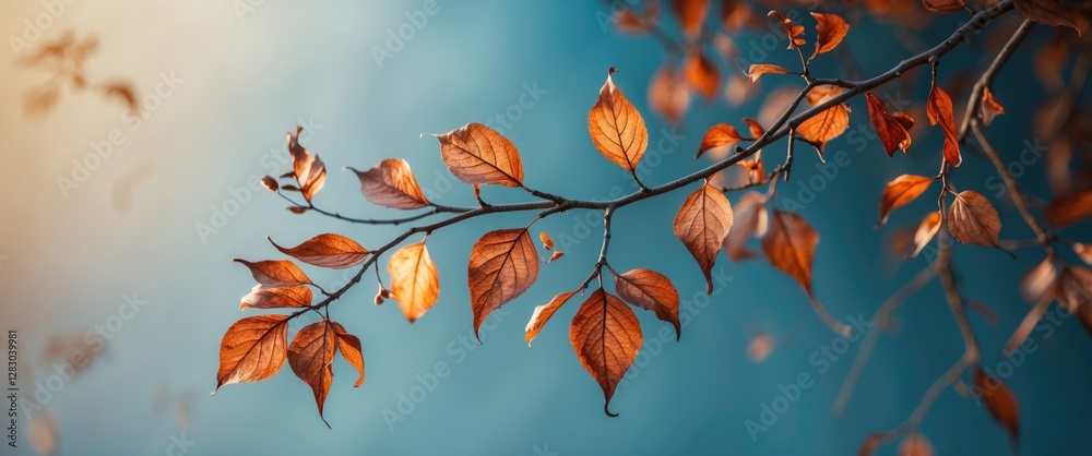 Autumn leaves with burnt edges on a branch against a blurred blue background creating a serene natural atmosphere. Autumn leaves with burnt edges on a branch against a blurred blue background creating a serene natural atmosphere.