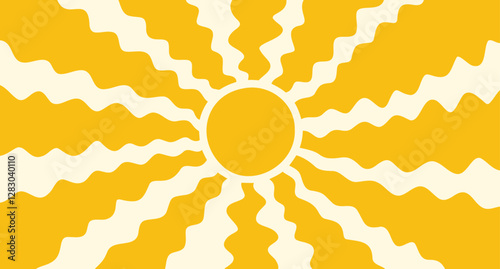  retro sunny background Groovy, hippie sun. Abstract hand drawn doodle sunshine shapes, trendy childishly sun. Contemporary summer banner, vector template poster.