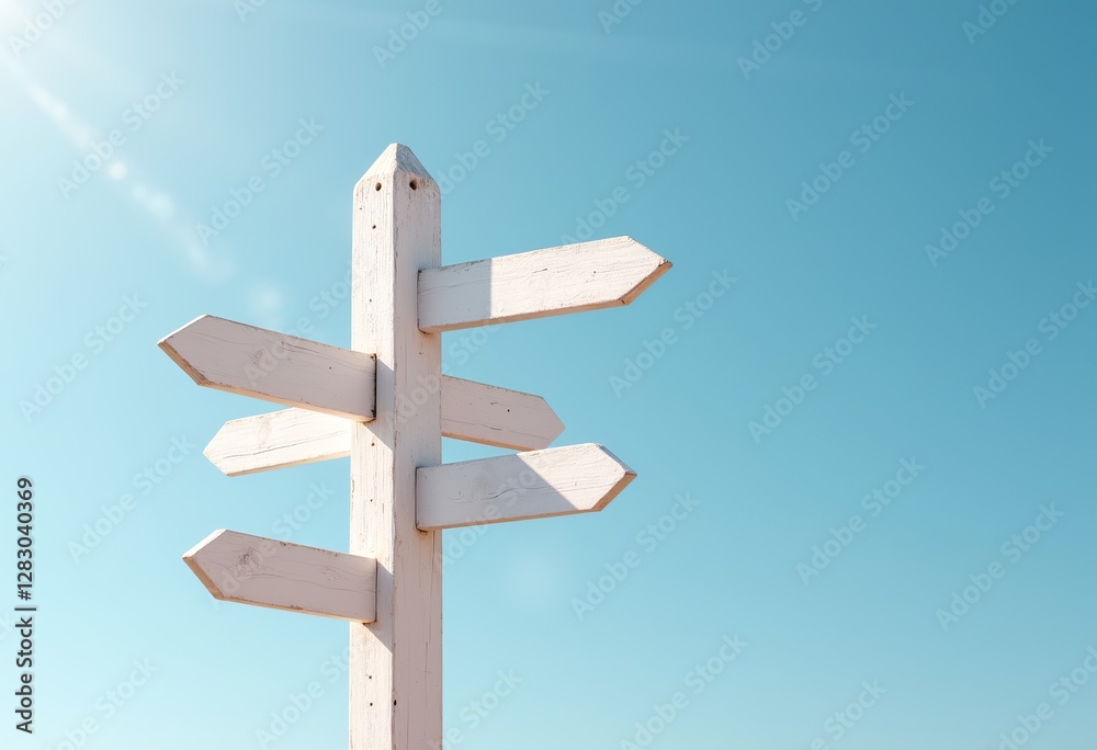 Crossroads of Possibilities: A white wooden signpost with arrows pointing in different directions against a bright blue sky, symbolizing decisions and exploration. Perfect for adventure visuals.

