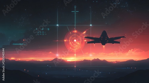 Wallpaper Mural Futuristic aircraft soaring over a vibrant red-orange skyline, dramatic scene highlighting technological advancement and adventure. Torontodigital.ca