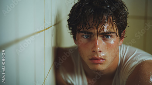 Laxative, A man sweating in a public restroom, conveying discomfort and urgency in a high-fidelity image.