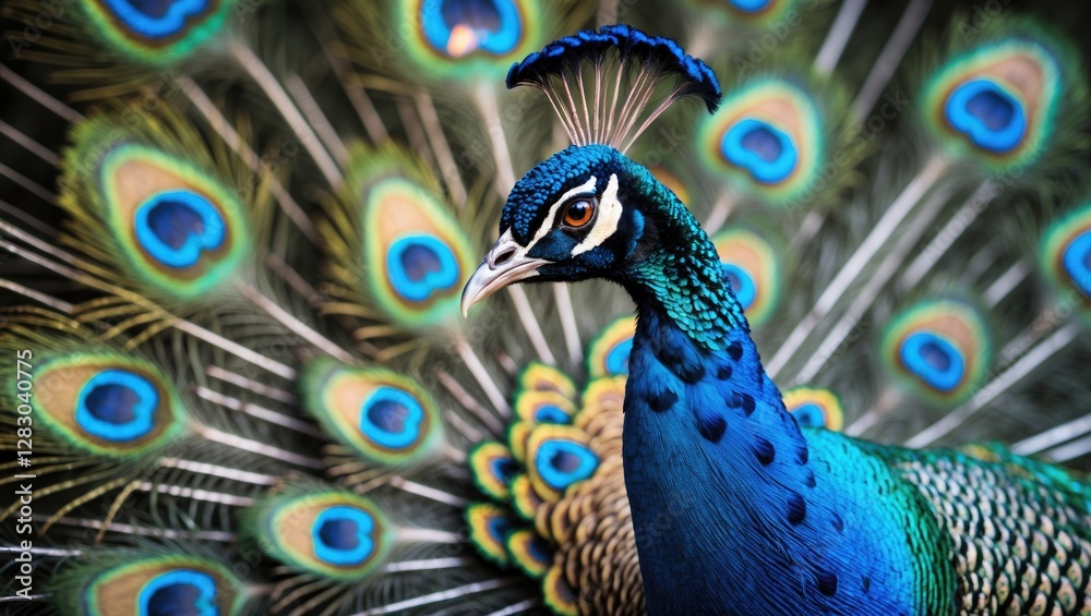 Obraz premium Close-up portrait of a vibrant peacock displaying its colorful feathers with intricate patterns in natural light