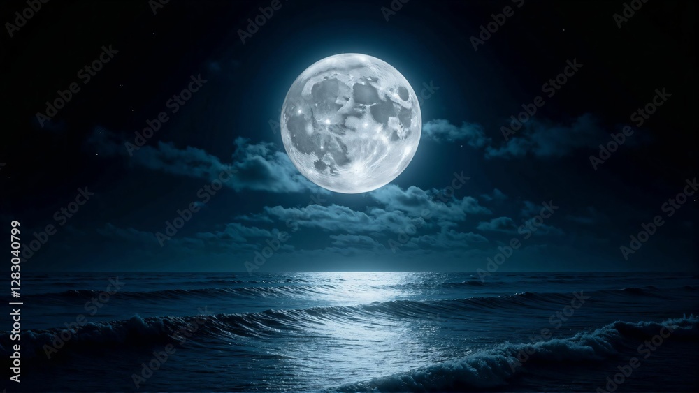 Mystical Moonlit Ocean – Bright Full Moon Illuminating the Dark Waves of the Sea Mystical Moonlit Ocean – Bright Full Moon Illuminating the Dark Waves of the Sea