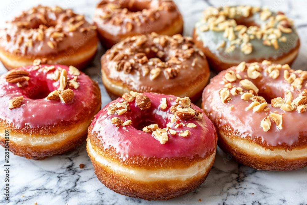 Stylish composition of donuts with bright glaze and nuts on a marble surface Stylish composition of donuts with bright glaze and nuts on a marble surface