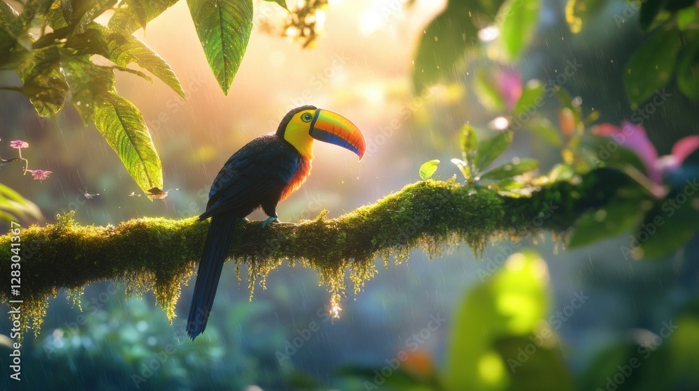 Keel Billed Toucan Perched On Mossy Branch In Rainforest Keel Billed Toucan Perched On Mossy Branch In Rainforest