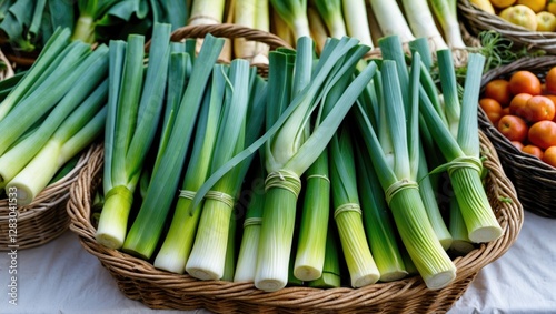 Fresh leeks arranged in wicker baskets at a farmers market with various vegetables and fruits in the background.