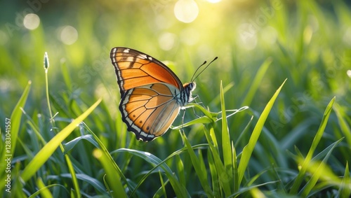 Colorful butterfly resting on vibrant green grass illuminated by warm summer sunlight creating a serene natural atmosphere.
