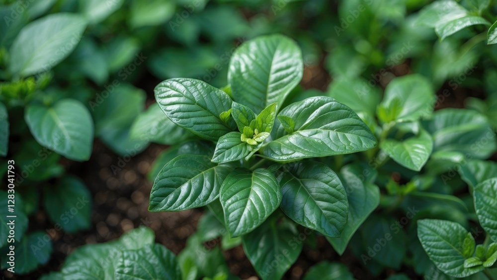Close-up of vibrant green leaves on a healthy plant in natural sunlight showing detailed leaf texture and growth patterns Close-up of vibrant green leaves on a healthy plant in natural sunlight showing detailed leaf texture and growth patterns