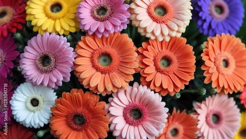 Colorful assortment of gerbera daisies in full bloom showcasing various shades including yellow, pink, orange, purple, and white.