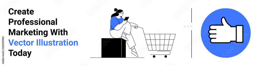 Woman using smartphone seated near shopping cart, thumbs-up approval icon on side. Ideal for e-commerce, digital marketing, online shopping, customer experience, product reviews, branding, flat Woman using smartphone seated near shopping cart, thumbs-up approval icon on side. Ideal for e-commerce, digital marketing, online shopping, customer experience, product reviews, branding, flat