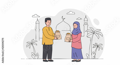 Muslim man and woman exchanging gifts during Ramadan with mosque silhouette in background symbolizing community and generosity