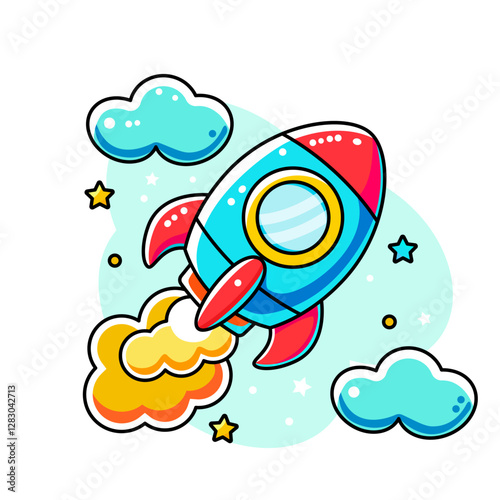 bright rocket quickly flying up. rocket for children's print and fire. vector illustration isolated on white background