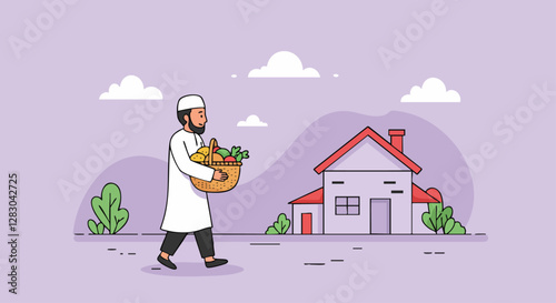 Illustration of a Muslim man carrying a basket of goods, walking towards a house, symbolizing community and generosity during Ramadan.
