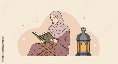 A Muslim woman in traditional attire reads a holy book beside a lantern, symbolizing reflection and spirituality during Ramadan.