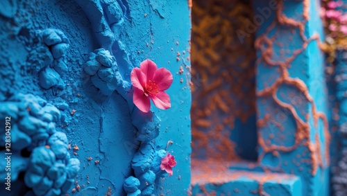 Decorative blue textured wall with floral elements showcasing intricate stucco patterns and vibrant color contrasts.
