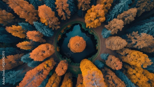 Aerial view of circular lake surrounded by colorful autumn trees in a forest landscape. Trees display vibrant orange, yellow, and green foliage. photo