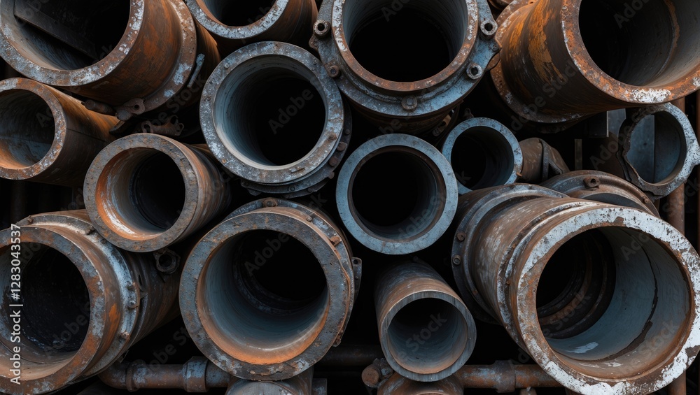 Arrangement of various rusted metal pipes in disarray showing different sizes and diameters industrial background.