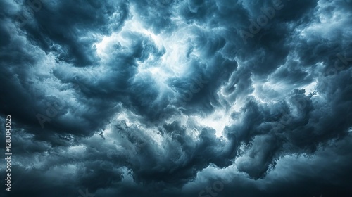 A dark and dramatic sky with black storm clouds before rain or snow. The sun shines through the clouds, creating a high-contrast photo.