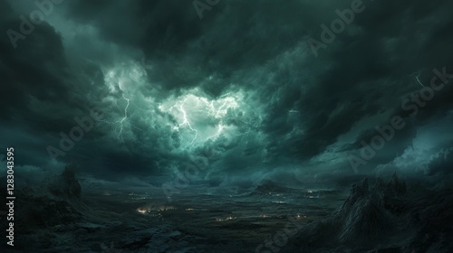 A dark, stormy sky with black clouds, bright flashes of lightning, and a wide-angle view of the landscape below. It represents various weather phenomena like storms, typhoons, and thunderstorms.