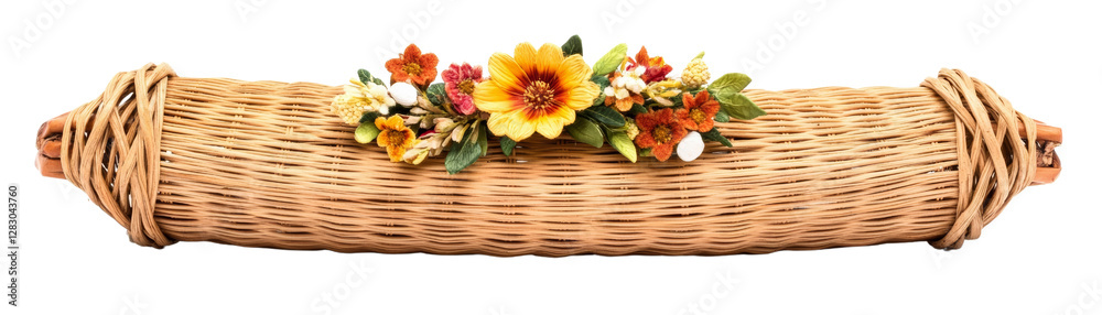 A handcrafted wicker decoration featuring an intricate woven design adorned with colorful artificial flowers. Perfect for rustic home decor and seasonal decorations. A handcrafted wicker decoration featuring an intricate woven design adorned with colorful artificial flowers. Perfect for rustic home decor and seasonal decorations.