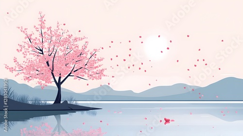 Serene landscape with pink cherry blossom tree, calm lake reflecting mountains, peaceful atmosphere, perfect for relaxation themes.