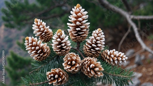 Pollen cones of the Deodar Cedar tree showcasing intricate detail against a backdrop of lush greenery in Chakrata, Uttarakhand, India. photo
