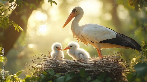 mother stork with newborn baby in nest bird family in nature wildlife love with white wings beak and feathers outdoor birdwatching and wild fauna in sky with caring parenting environment