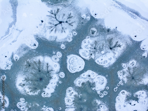 Winter abstract frozen textures. Aerial view of a frozen lake with intricate ice formations, showing unique patterns and natural beauty in a winter landscape.