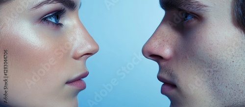 Close-up portrait of adult male and female twins with light skin showing profile similarities against a soft blue backdrop emphasizing connection.