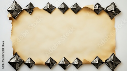 Antique parchment framed by metallic pyramid studs