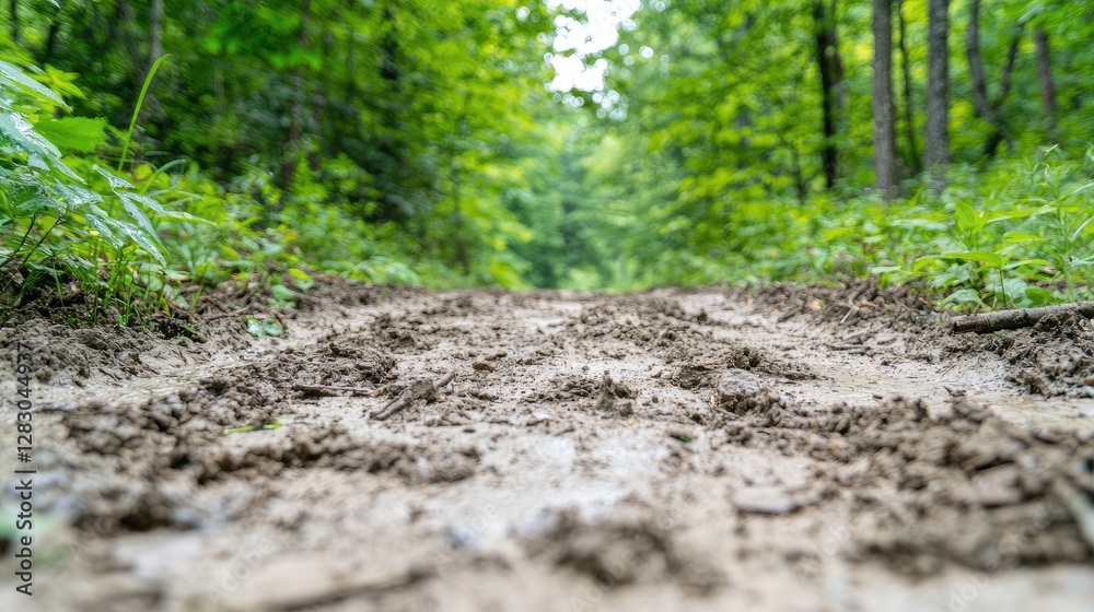 Fototapeta premium Muddy tire tracks on a dirt road wind through a lush green forest during daytime.