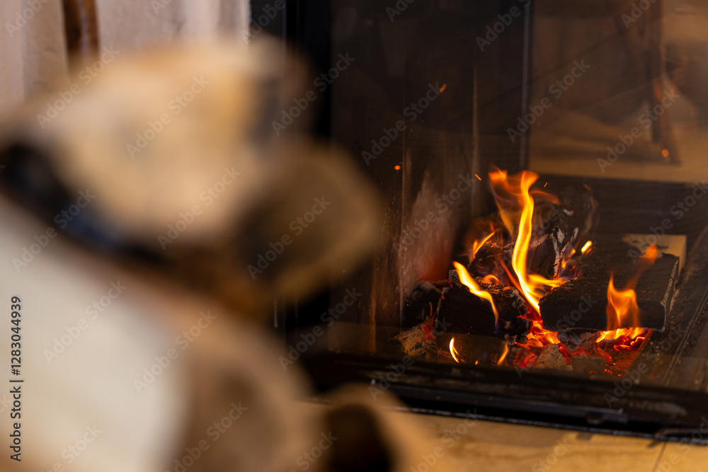 Fireplace. A warm and inviting fireplace with burning logs and flickering flames, creating a cozy atmosphere perfect for relaxation during cold winter days. Selective focus.