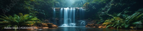Scenic waterfall surrounded by lush green vegetation and mist. Generative AI