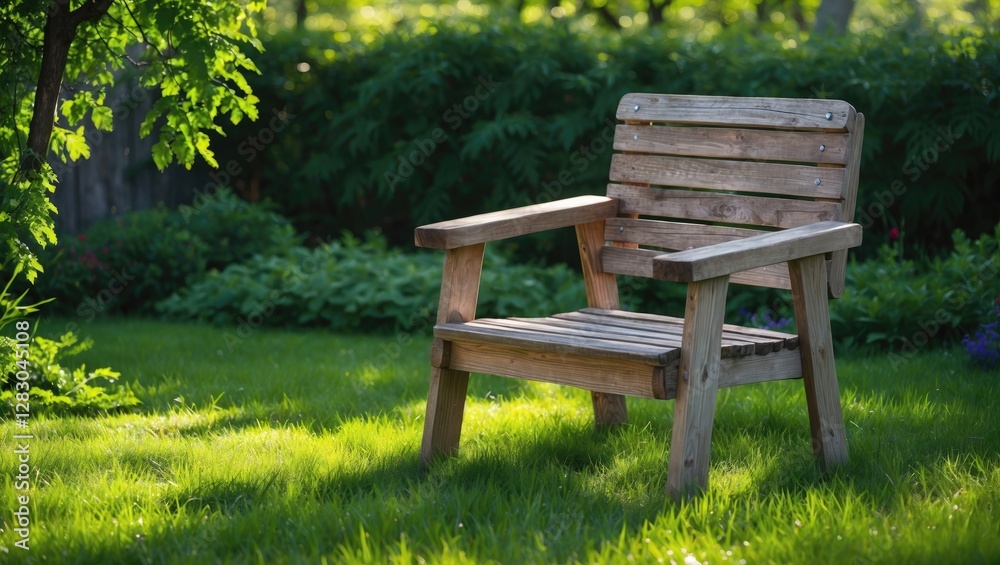 Wooden garden chair on lush green grass surrounded by foliage in a serene outdoor setting ideal for relaxation and nature appreciation Wooden garden chair on lush green grass surrounded by foliage in a serene outdoor setting ideal for relaxation and nature appreciation