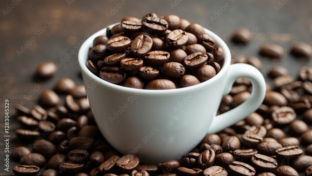 Fototapeta premium Coffee Beans Overflowing from a White Cup with Spilled Beans on a Rustic Wooden Table