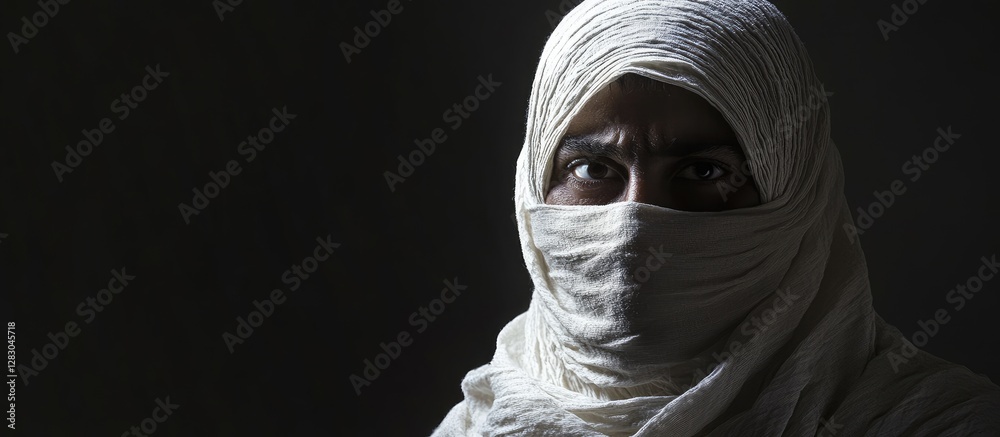 Intense portrait of an individual in a white keffiyeh, eyes filled with anger against a dark background, conveying strong emotions of resistance. Intense portrait of an individual in a white keffiyeh, eyes filled with anger against a dark background, conveying strong emotions of resistance.