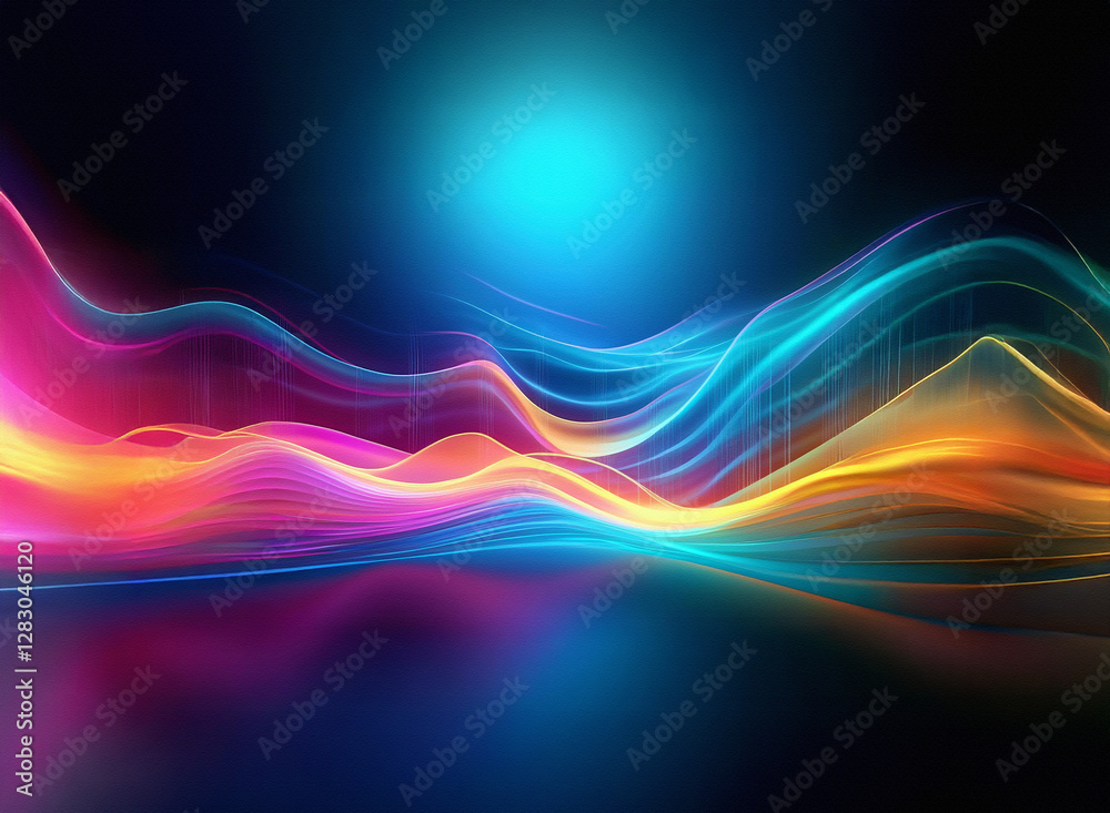 Obraz premium Abstract waves of vibrant colors flow across a dark background, creating a dynamic and modern design. The smooth, flowing lines illuminate the scene, offering a visually appealing backdrop.