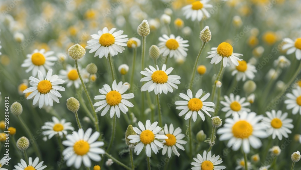 Vibrant chamomile flowers blooming in a sunny meadow creating a cheerful and refreshing natural background. Vibrant chamomile flowers blooming in a sunny meadow creating a cheerful and refreshing natural background.