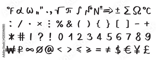 Scribble black special math symbols, numbers and signs. Symbols are handwritten characters from the keyboard