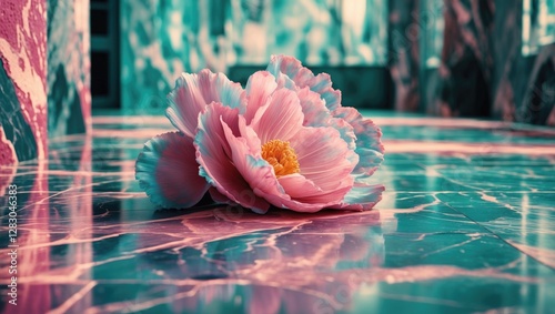 Pink flower on a patterned marble floor with a distinctive color palette and soft focus, emphasizing texture and detail.