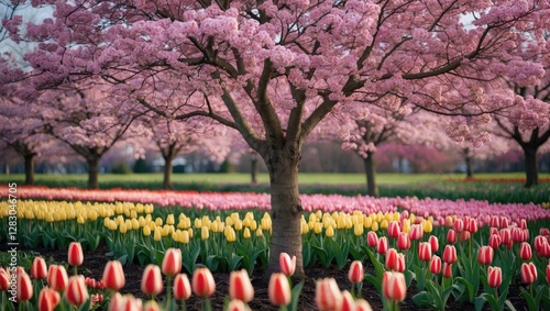 Wallpaper Mural Scenic view of vibrant tulip fields beneath a blooming tree in spring showcasing colorful flowers and serene nature landscape. Torontodigital.ca